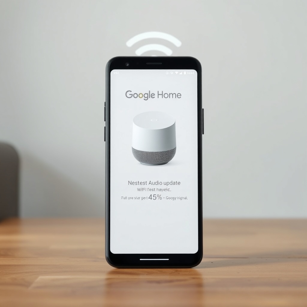 clean photorealistic photo of a smartphone showing the Google Home app with a Nest Audio d