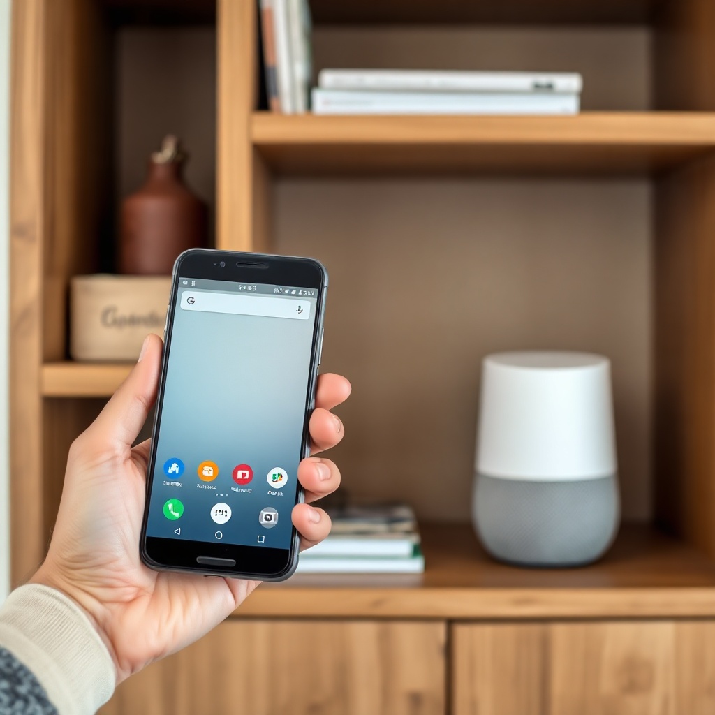 A clean photorealistic photo of a person holding a smartphone showing the Google Home app
