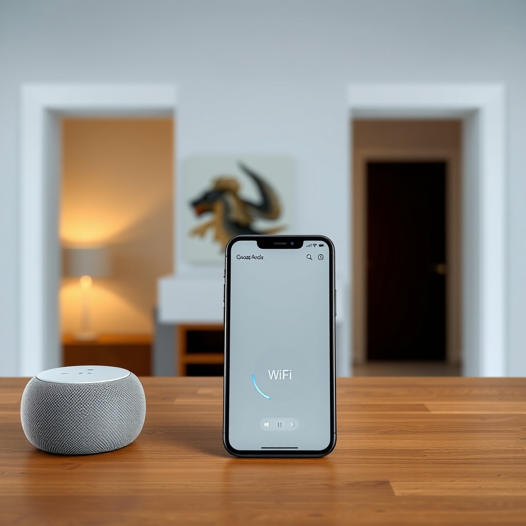 A clean photorealistic photo showing two Google Nest Audio speakers in different rooms