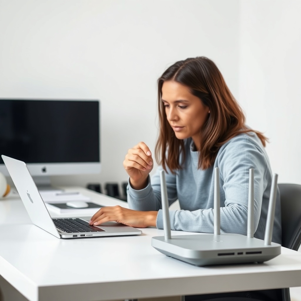 A clean photorealistic photo showing a person sitting at a desk with a laptop