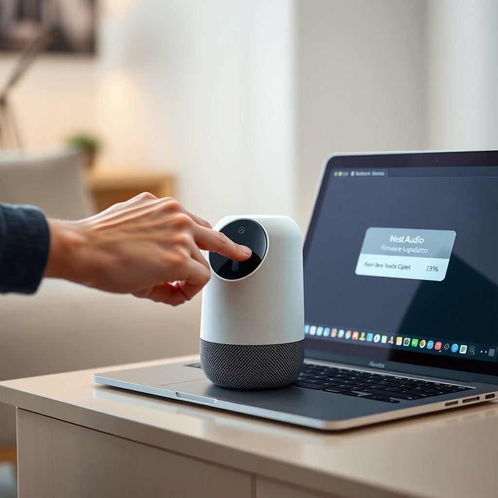 A photorealistic image of a person pressing the center button on a Google Nest Audio speak