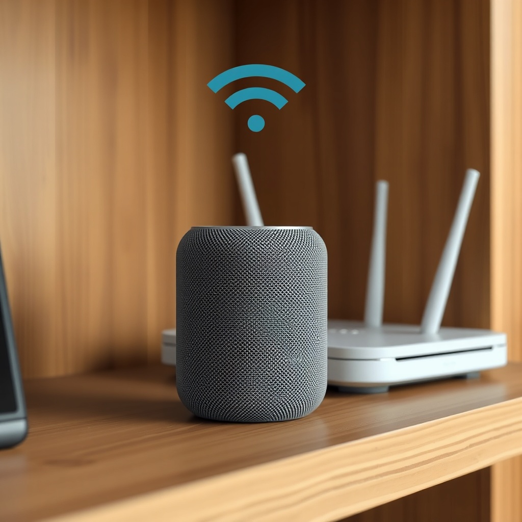 A clean photorealistic photo of a Google Nest Audio speaker placed on a wooden shelf with