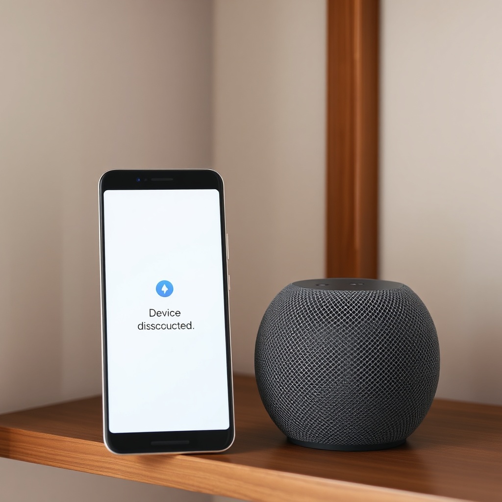 A clean photorealistic photo of a Google Nest Audio speaker placed on a wooden shelf