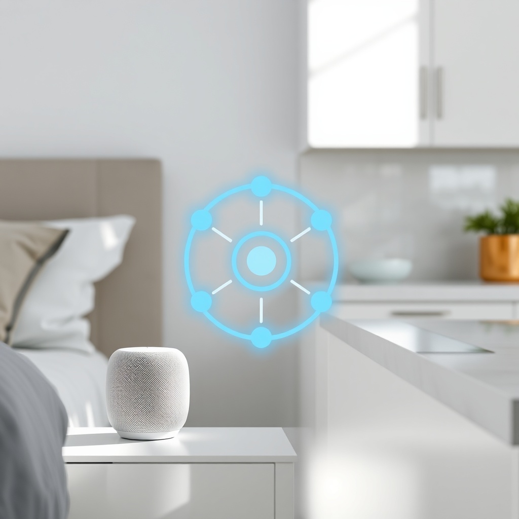 A clean photorealistic photo of two Google Nest Audio speakers placed in separate rooms (o