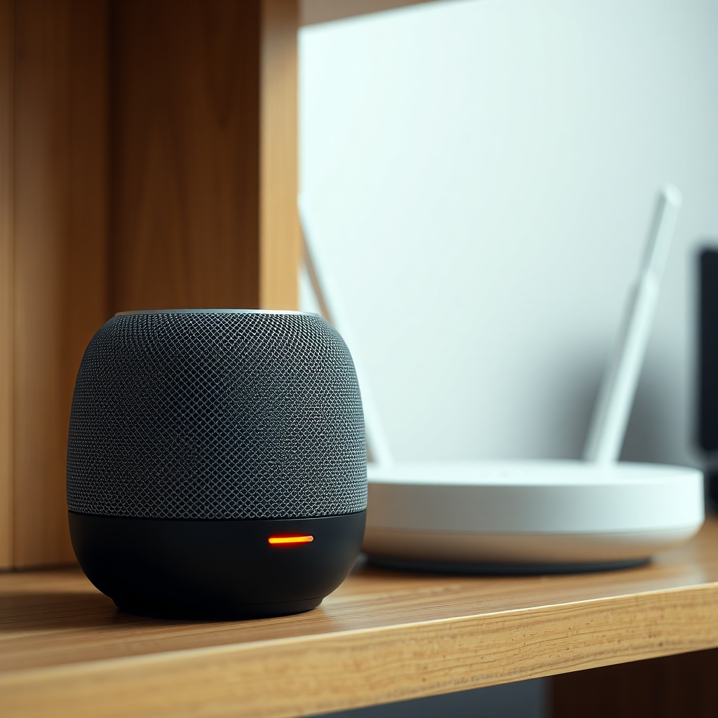 A photorealistic close-up of a Google Nest Audio speaker on a wooden shelf