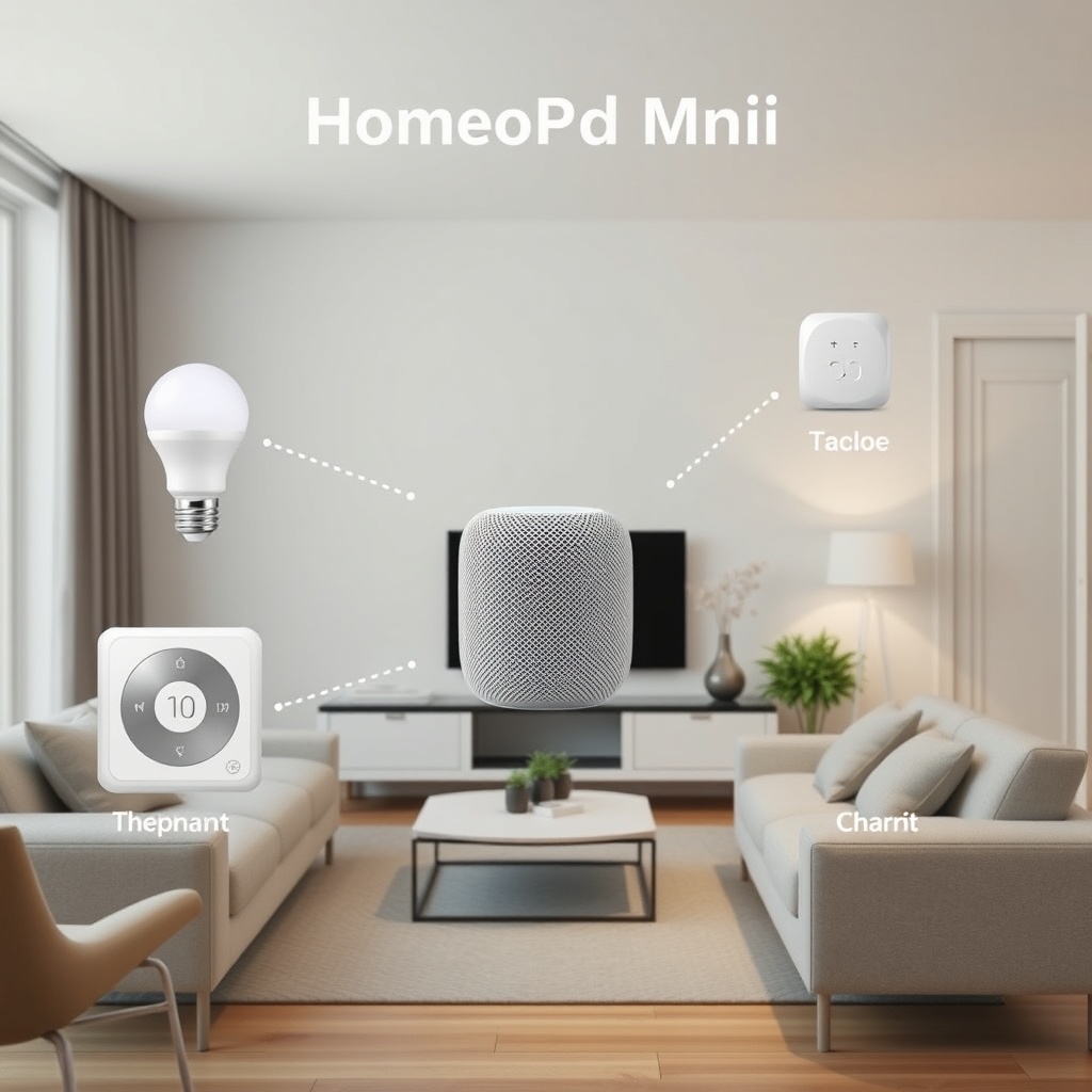A clean diagram showing a HomePod mini in the center with dotted lines connecting to a sma