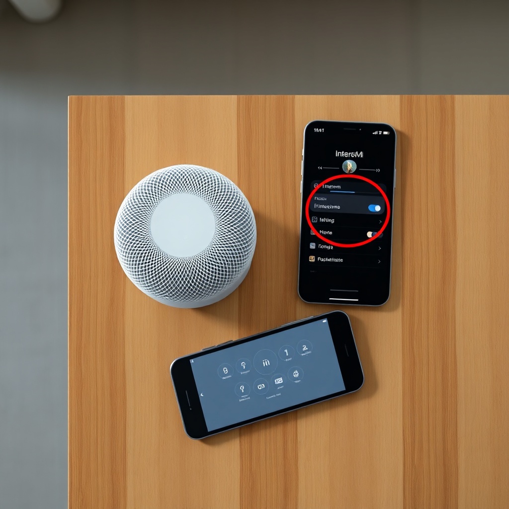 A photorealistic top-down view of an Apple HomePod mini sitting on a wooden table next to