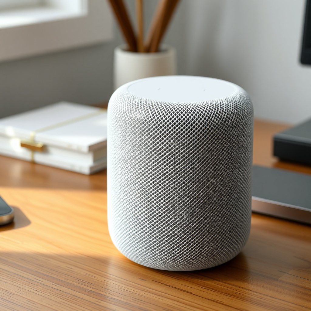 Close-up photorealistic photo of a clean Apple HomePod mini on a wooden desk