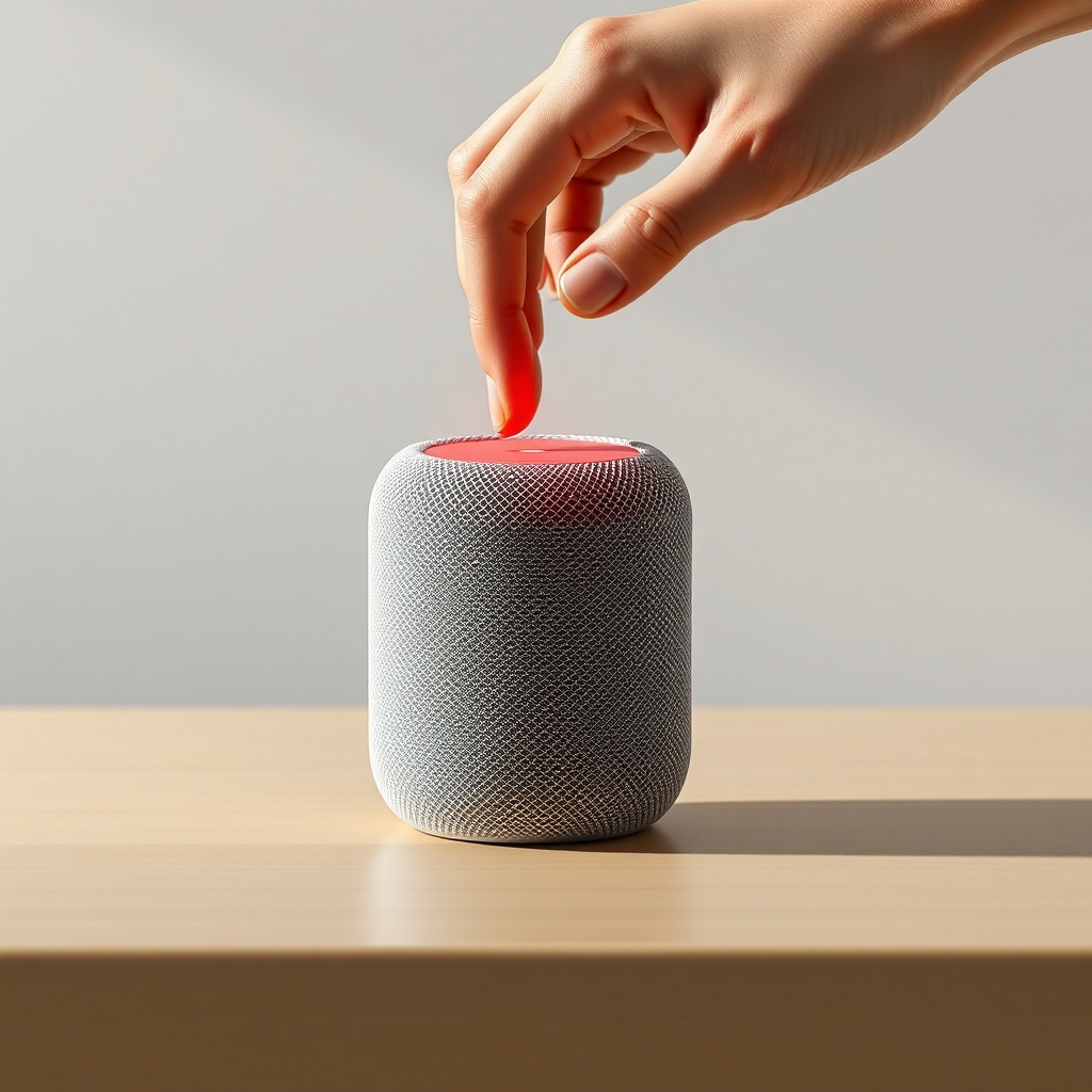 Photorealistic photo of a hand pressing the top of an Apple HomePod mini with a red spinni