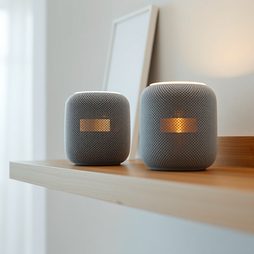 Close-up shot of two HomePod mini speakers placed on a wooden shelf
