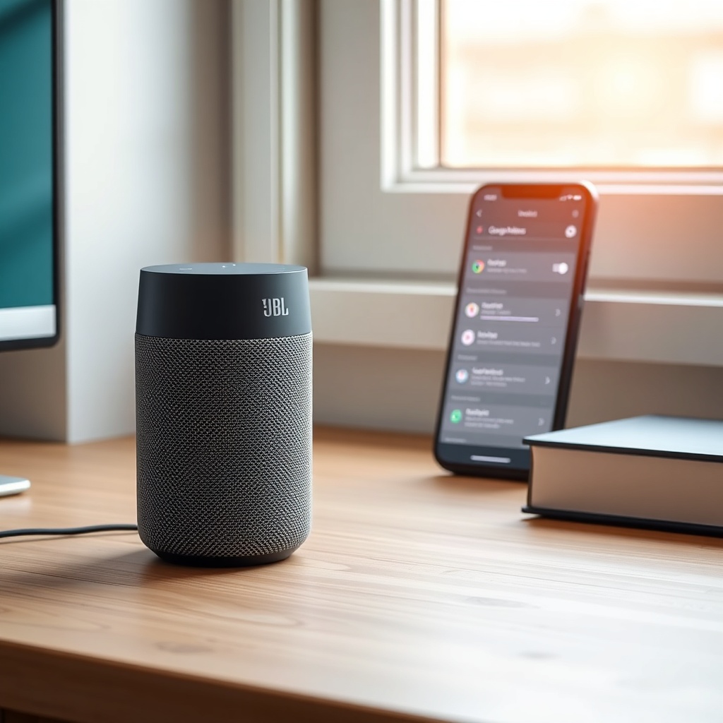 A photorealistic photo of a JBL Link Music on a wooden desk