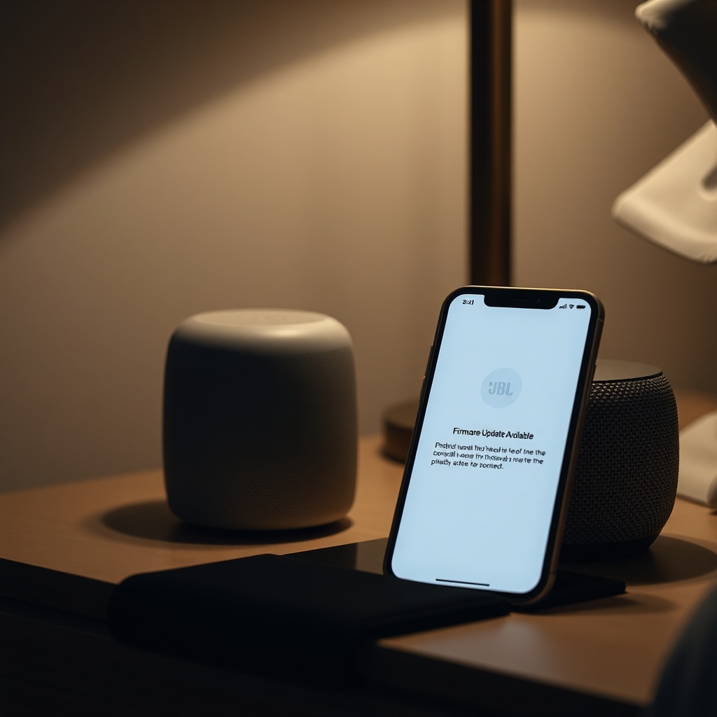 A photorealistic close-up of a JBL Link Music on a nightstand