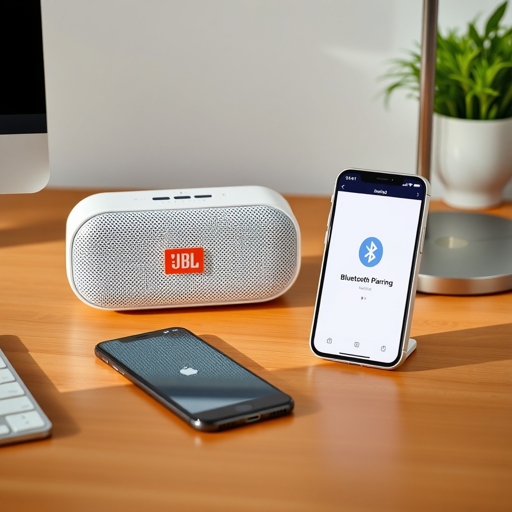 A clean photorealistic photo of a JBL Link Music speaker placed on a wooden desk next to a