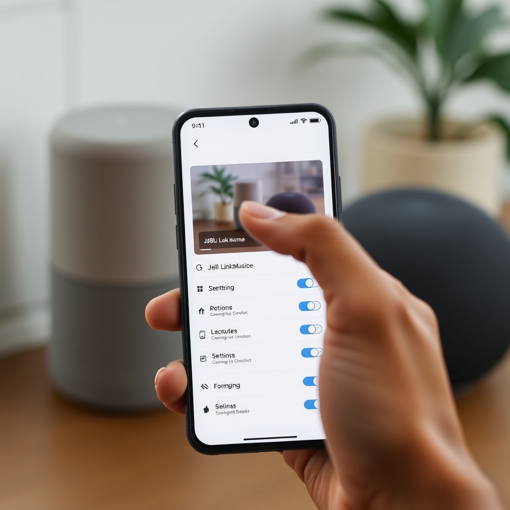 A clean photorealistic photo of a hand adjusting settings on a Google Home app interface d