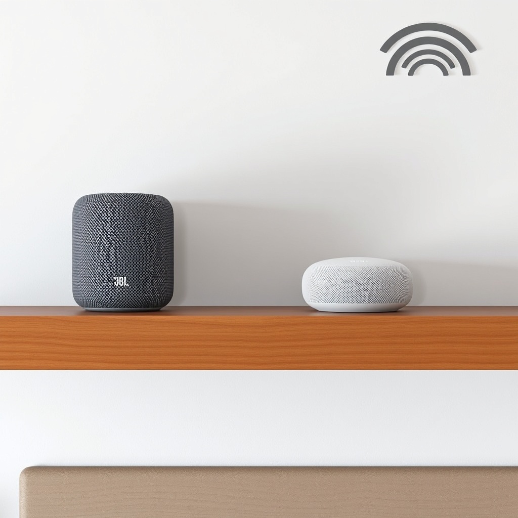 A clean photorealistic photo of a JBL Link Music placed on a wooden shelf next to a Google
