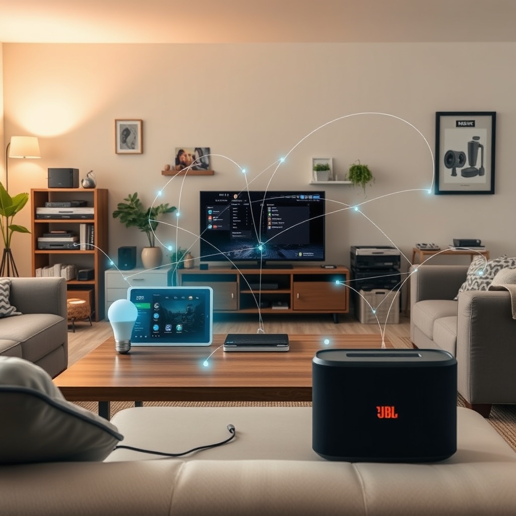 A photorealistic photo of a cluttered living room with multiple smart devices like smart b