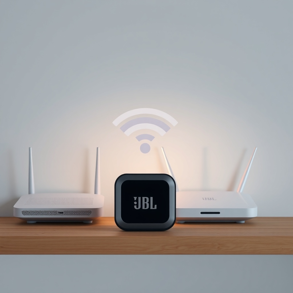A clean photorealistic photo of a JBL Link Music sitting on a wooden shelf near a modern r