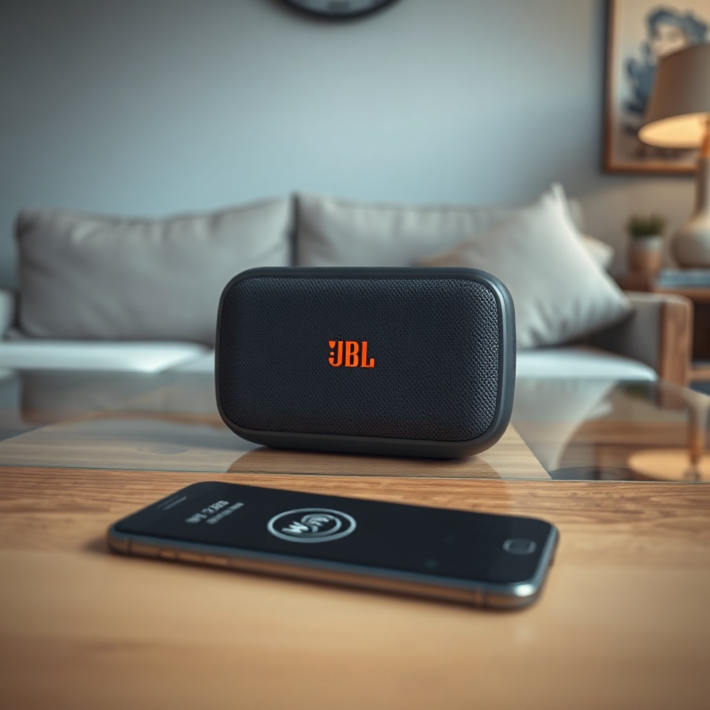 A clean photorealistic photo of a JBL Link Music on a living room table with a smartphone
