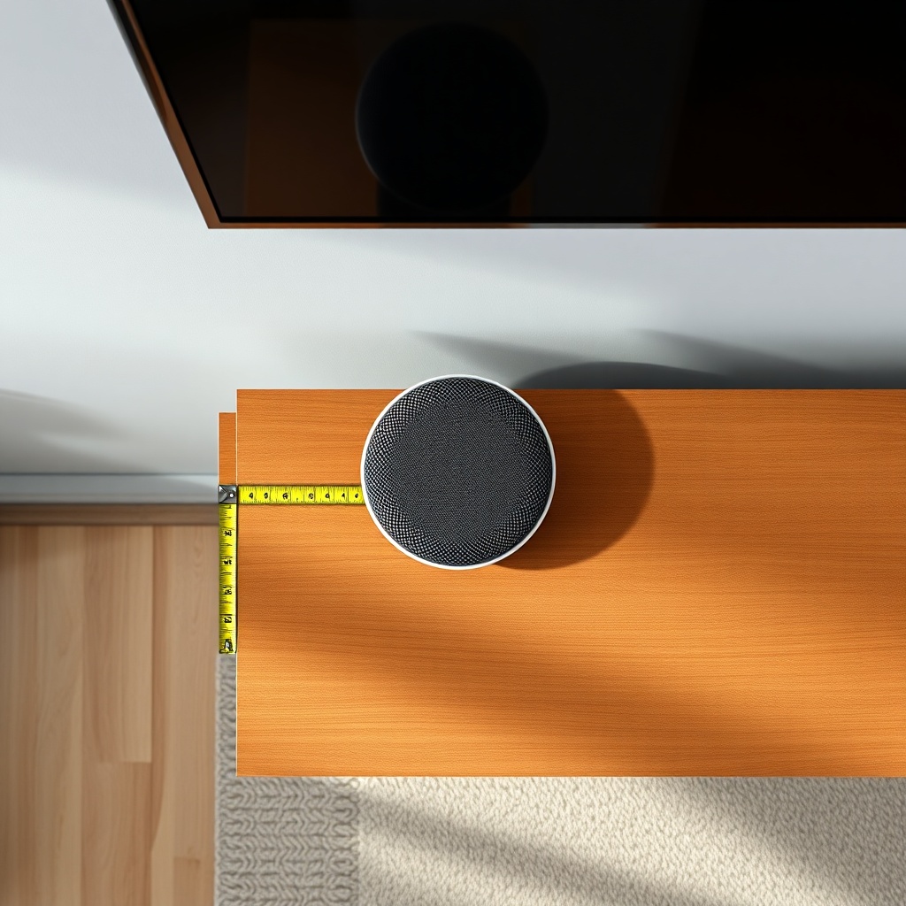 A photorealistic overhead shot of a Google Nest Audio speaker placed on a wooden media con