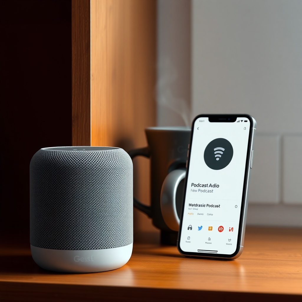 A photorealistic shot of a Google Nest Audio on a wooden shelf