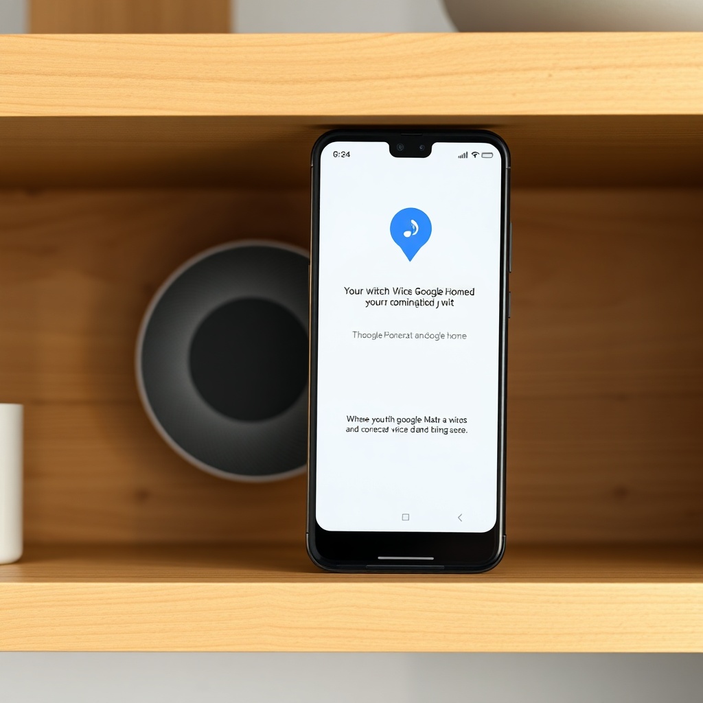 A clean photorealistic overhead shot of a Google Nest Audio on a wooden shelf