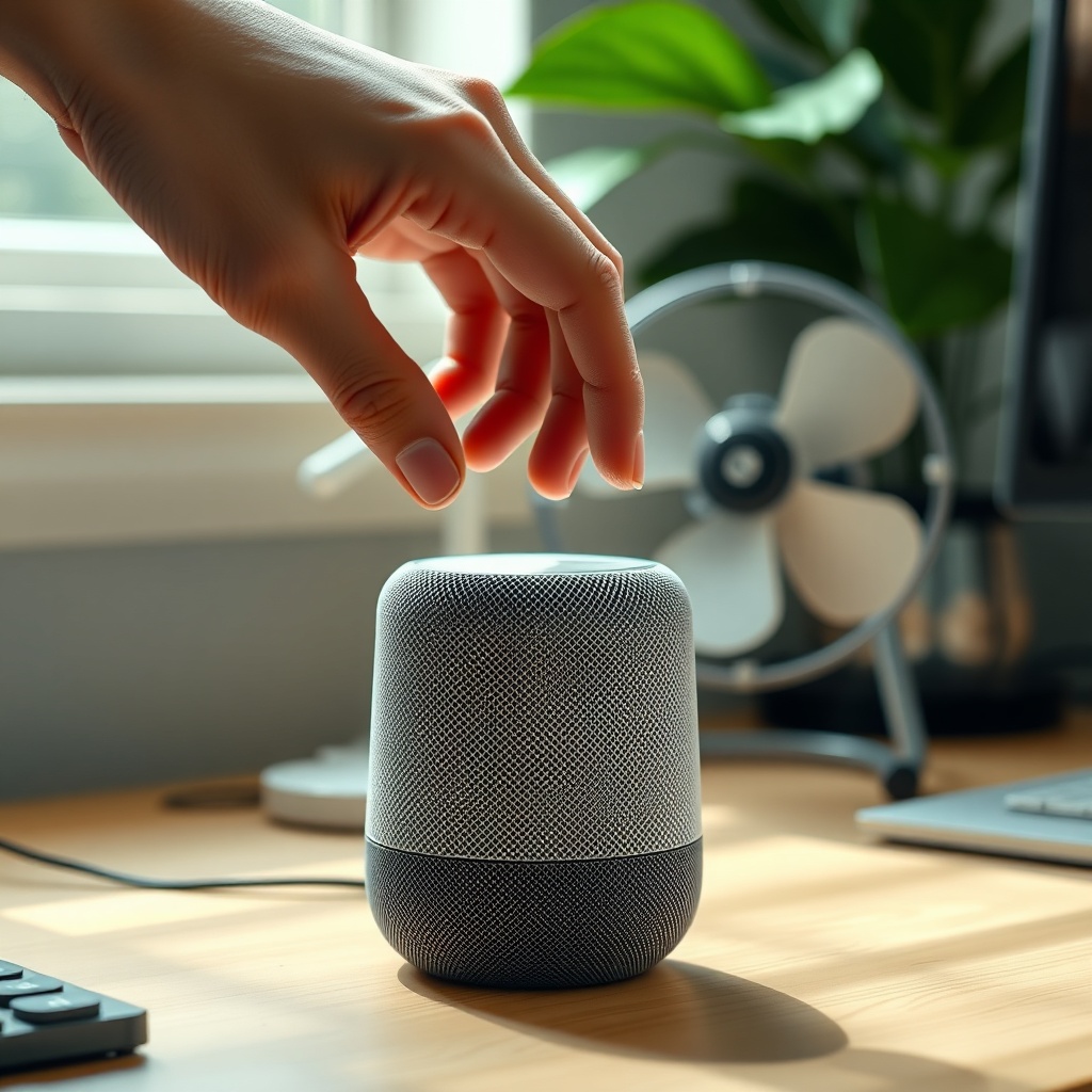 A photorealistic close-up of a Google Nest Audio on a desk with a small fan in the backgro
