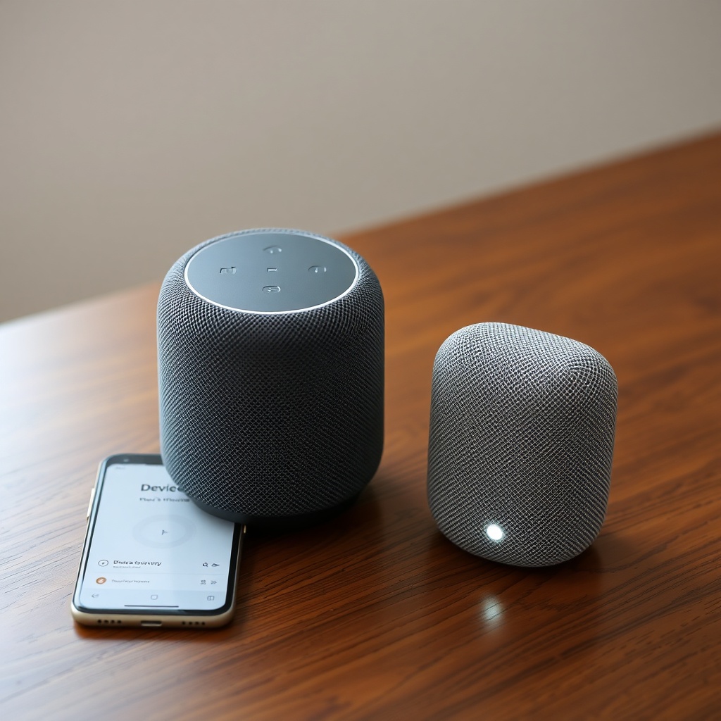 A clean photorealistic photo of a Google Nest Audio speaker sitting on a wooden table next