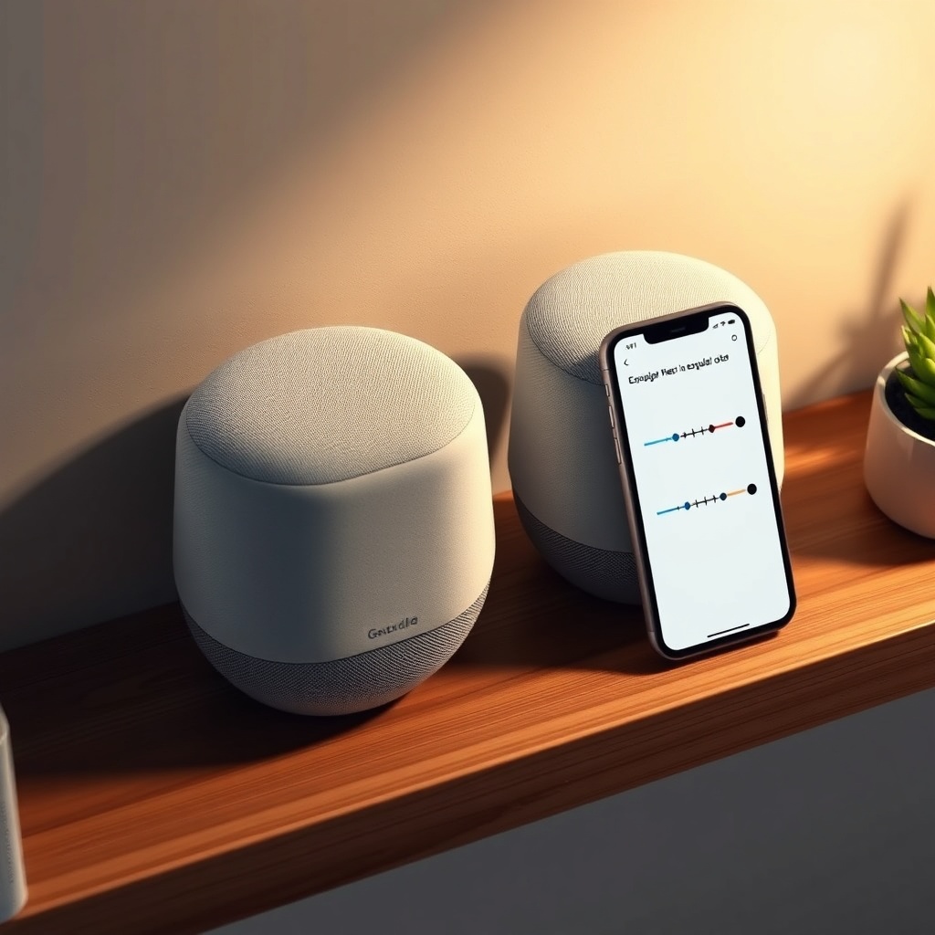 A photorealistic overhead shot of two Google Nest Audio speakers placed side by side on a