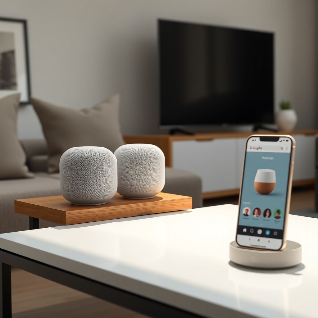 A clean photorealistic photo showing two Google Nest Audio speakers on a wooden shelf in a
