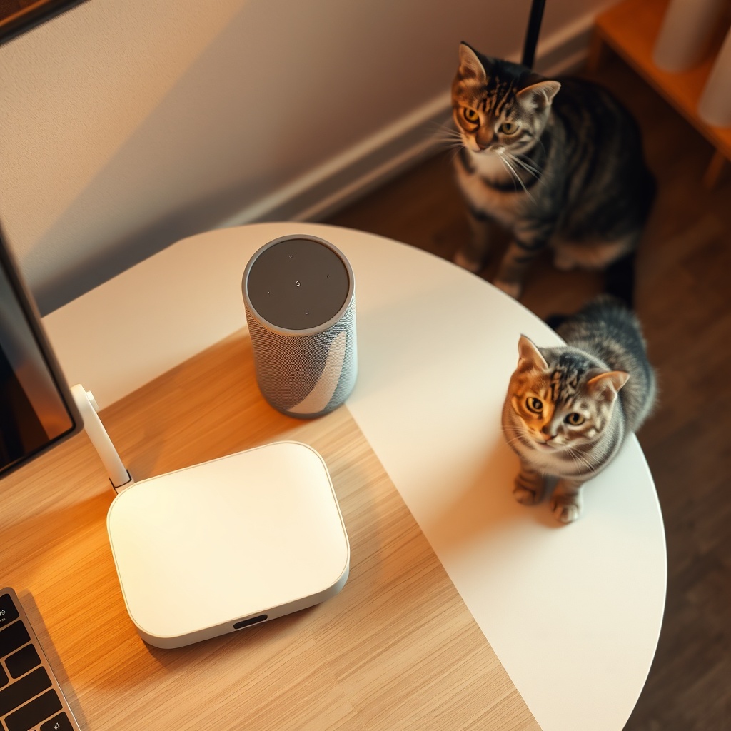 A clean photorealistic photo from a top-down angle showing a mesh Wi-Fi router next to a G