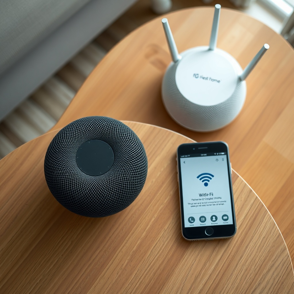 A photorealistic top-down view of a Google Nest Audio sitting on a coffee table next to a