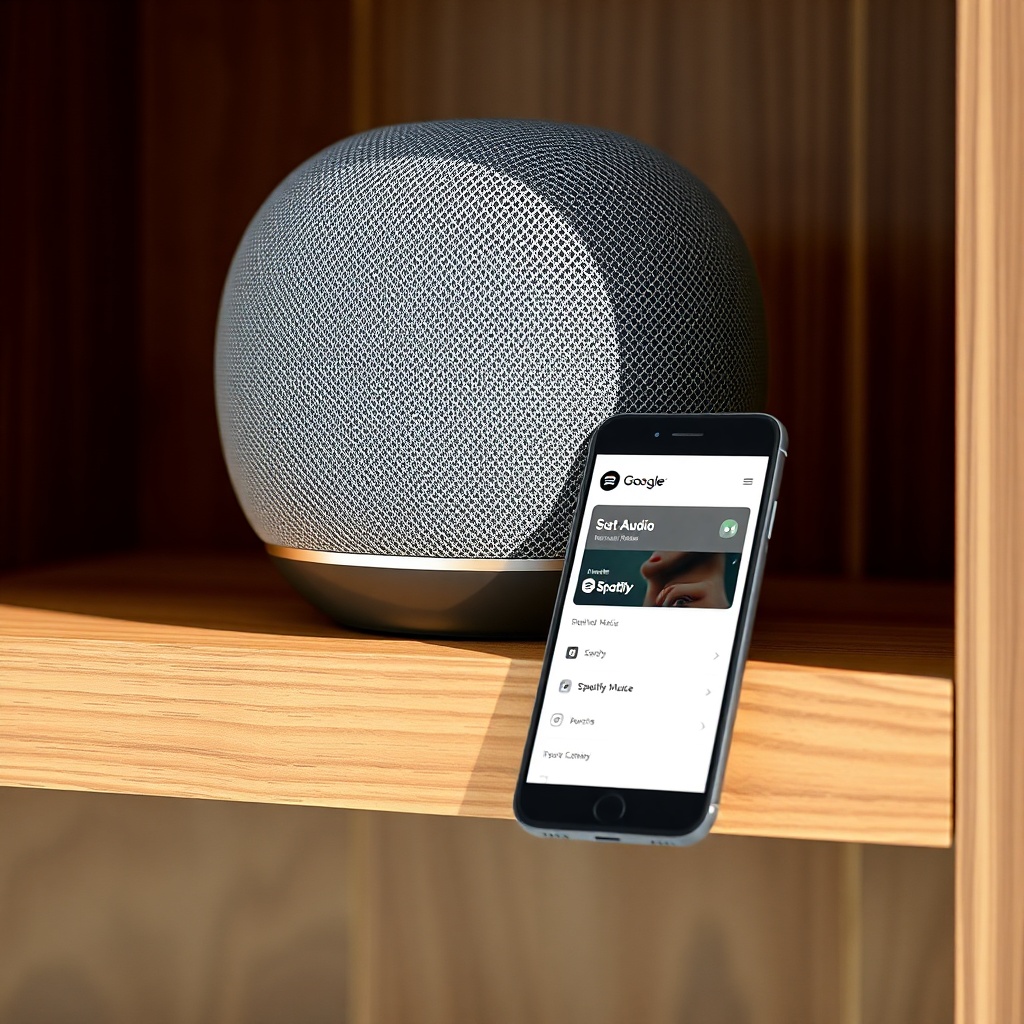 A Google Nest Audio on a modern wooden shelf