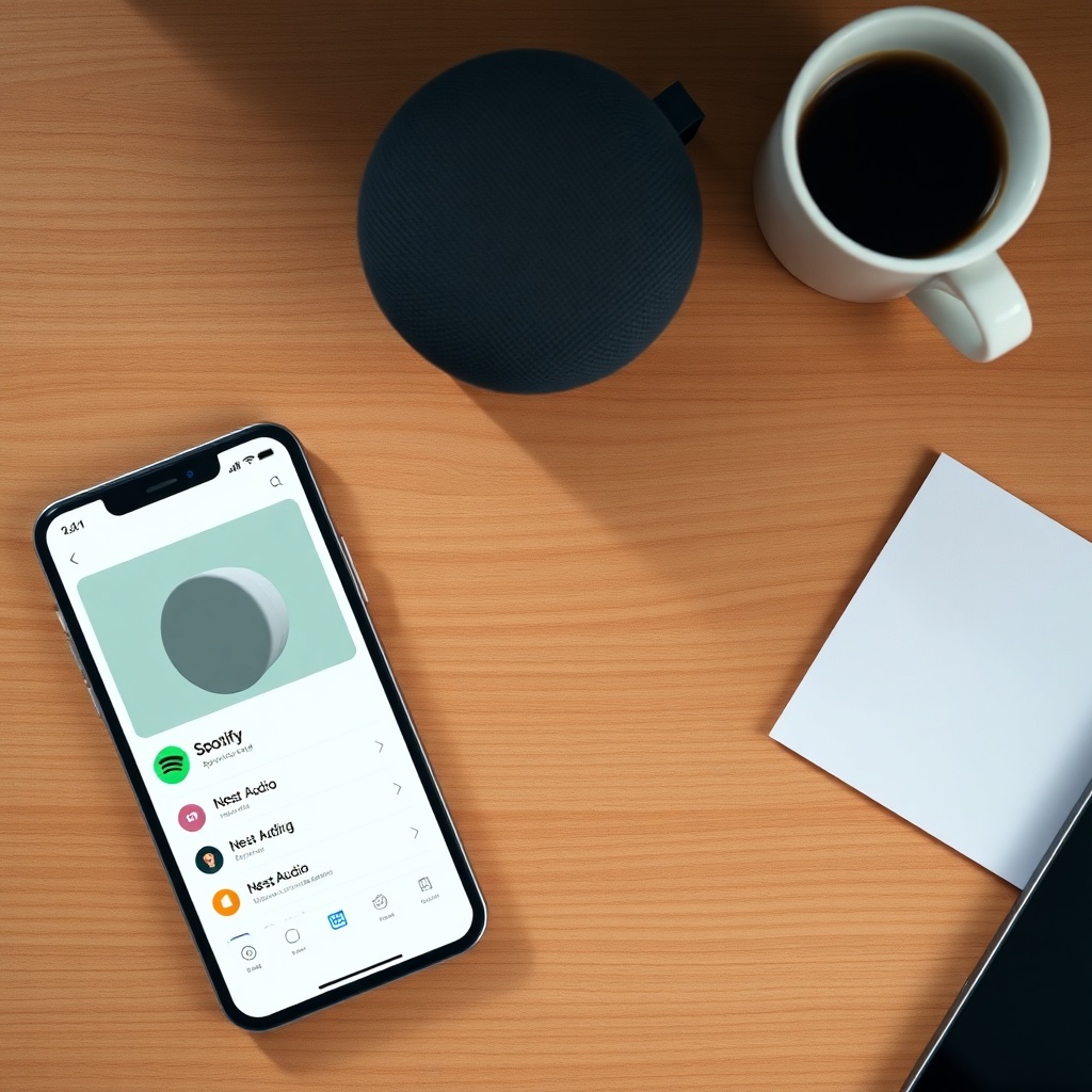 An overhead flat lay of a Google Nest Audio on a wooden desk