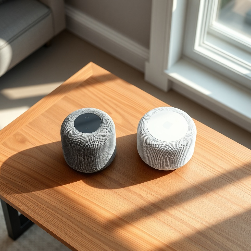A photorealistic top-down view of a Google Nest Audio (charcoal grey) and an Apple HomePod
