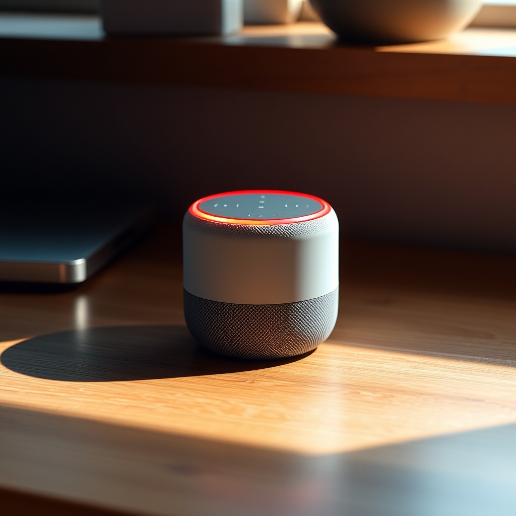 <clean photorealistic photo of Echo Dot (5th Gen) on a wooden desk with red microphone rin