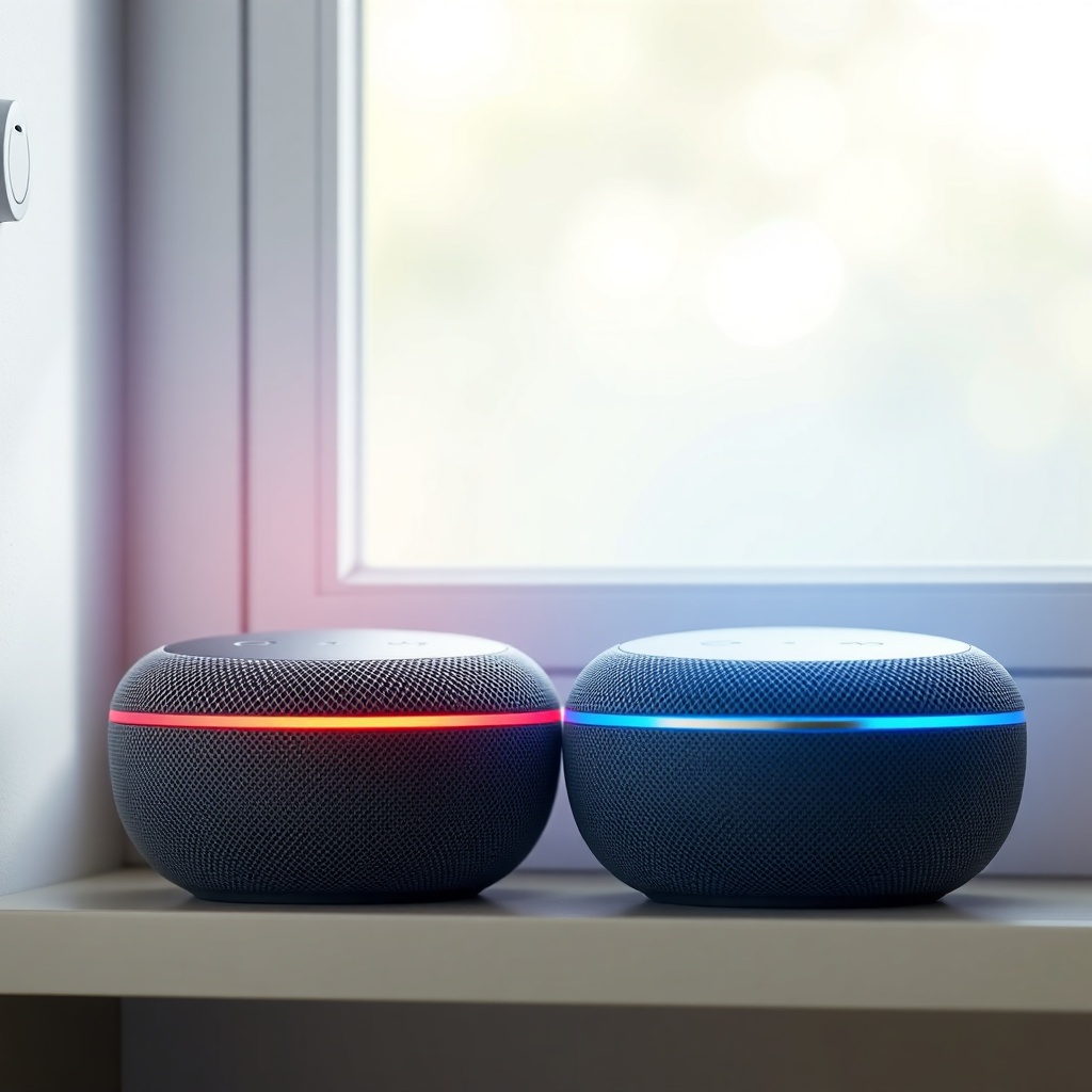 <clean photorealistic photo of two Echo Dot 5th Gen units side by side on a shelf