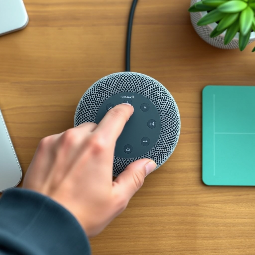 A photorealistic overhead shot of an Amazon Echo Dot (5th Gen) on a wooden desk