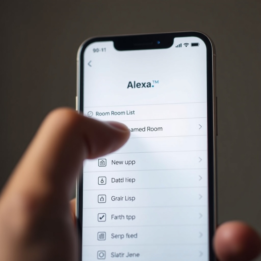 A photorealistic close‑up of a smartphone screen showing the Alexa app room list