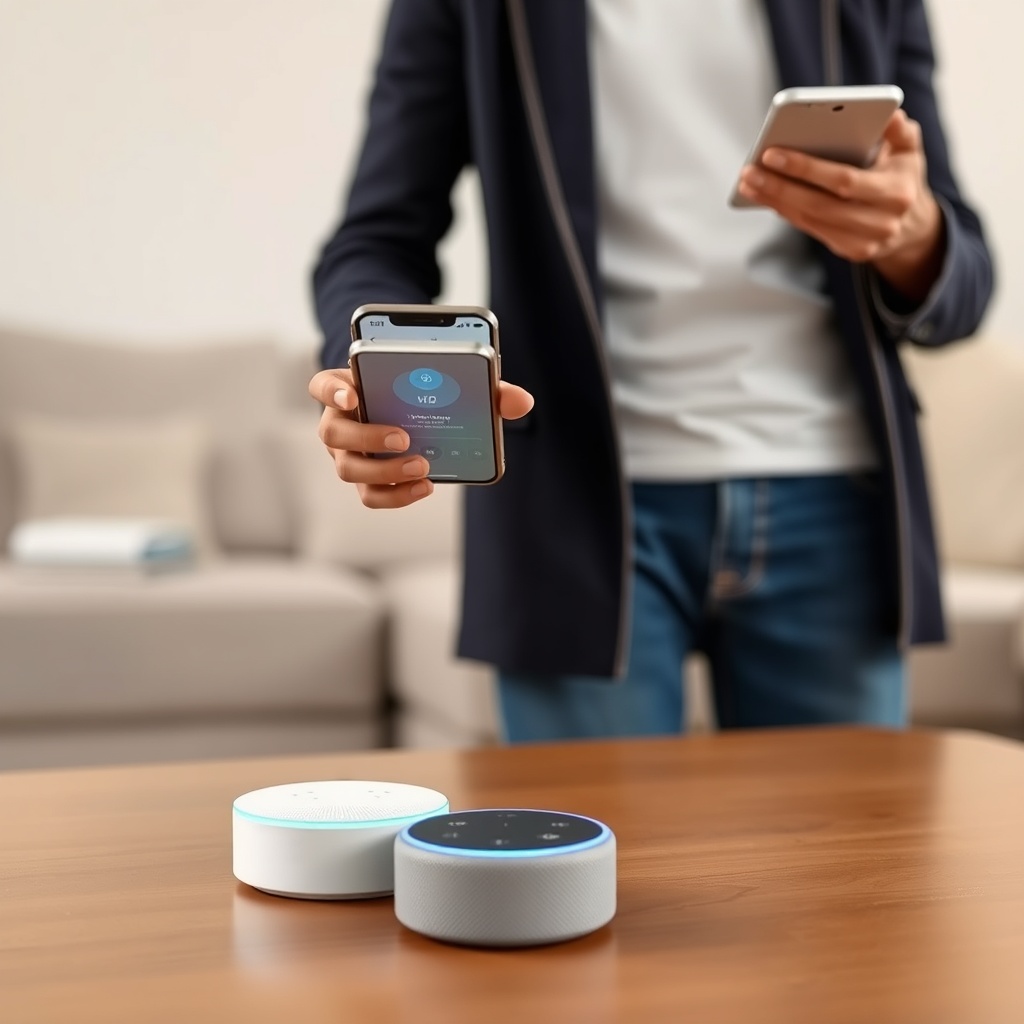 A clean photorealistic photo of a person checking the Alexa app on a smartphone while stan