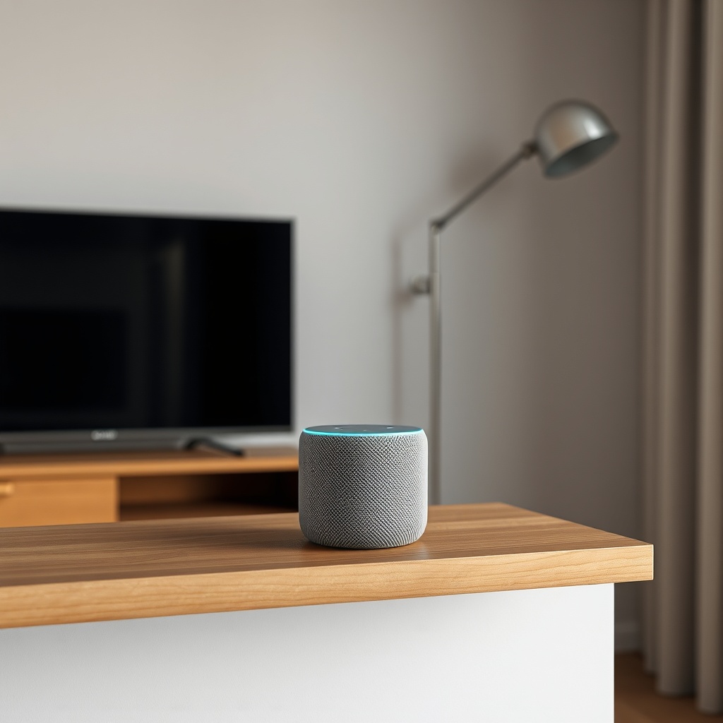 A clean photorealistic photo of an Echo Dot (5th Gen) placed on a wooden shelf away from a