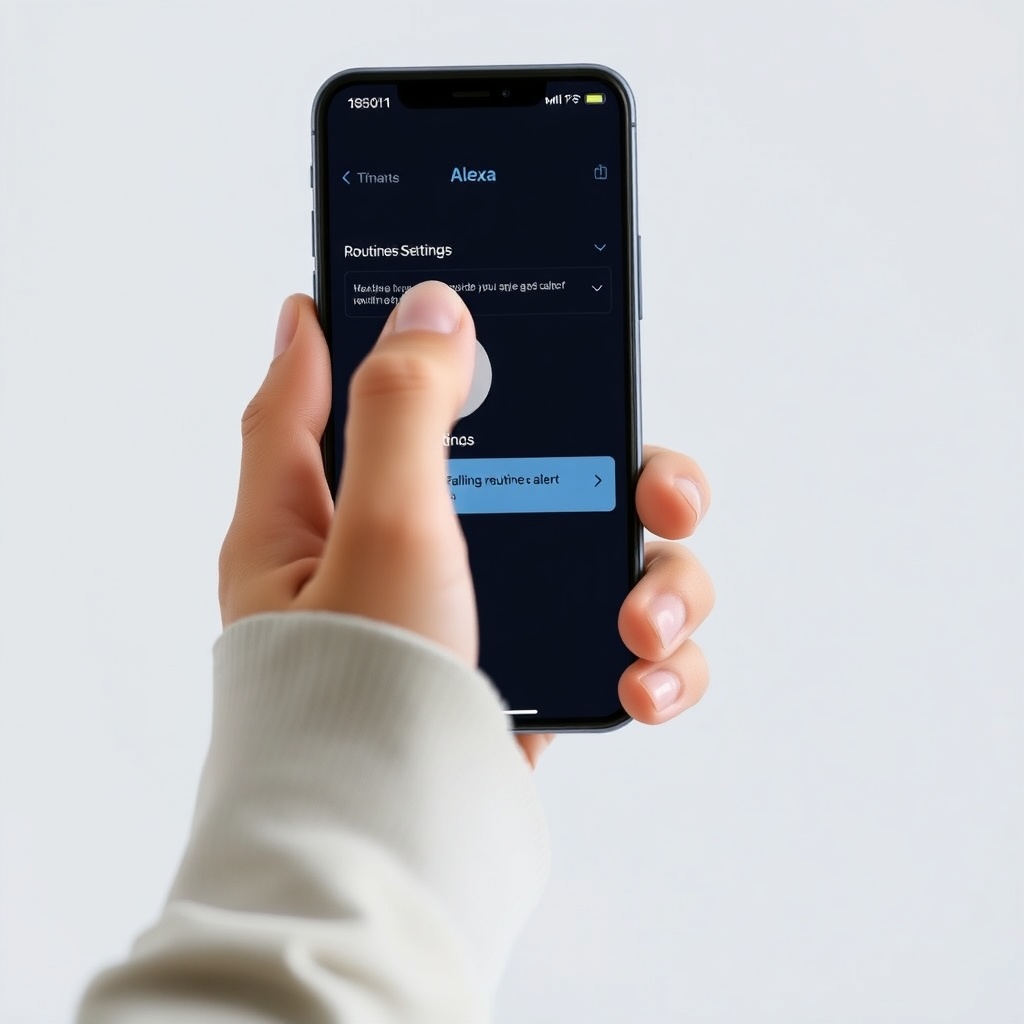 <clean photorealistic photo/illustration of a person tapping the Alexa app on a smartphone