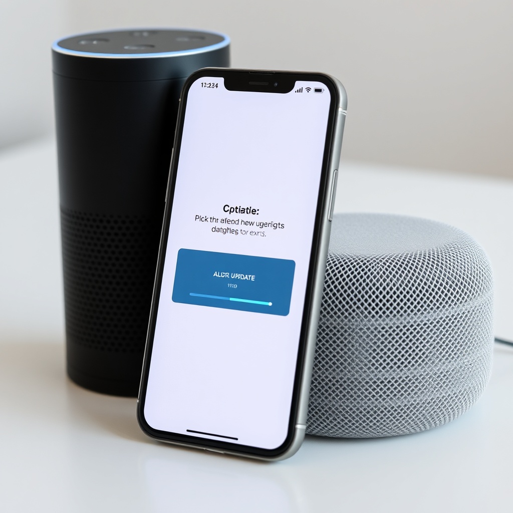 <clean photorealistic photo/illustration of an Alexa app screen showing a firmware update