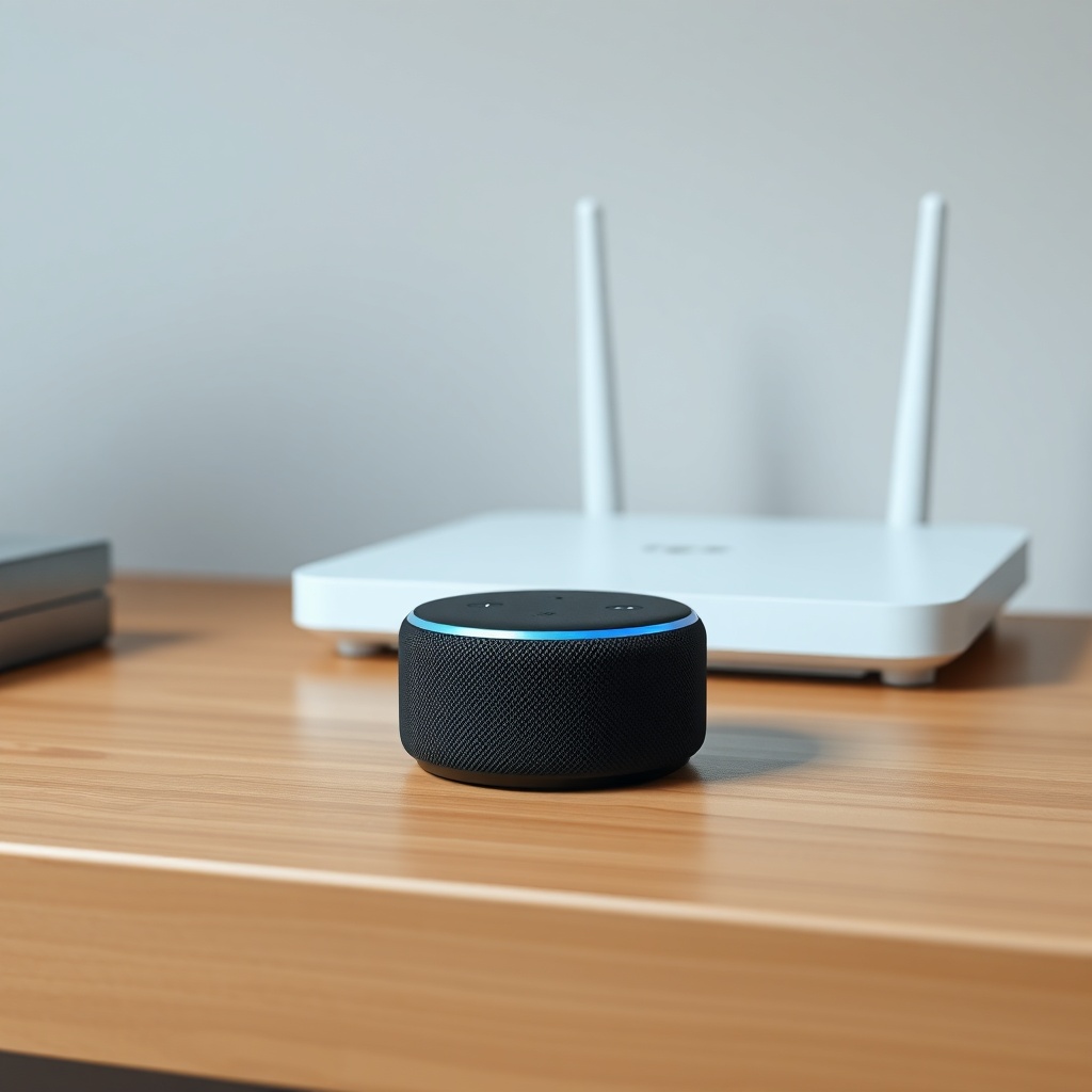 A photorealistic photo of an Amazon Echo Dot (5th Gen) on a wooden desk with a router plac