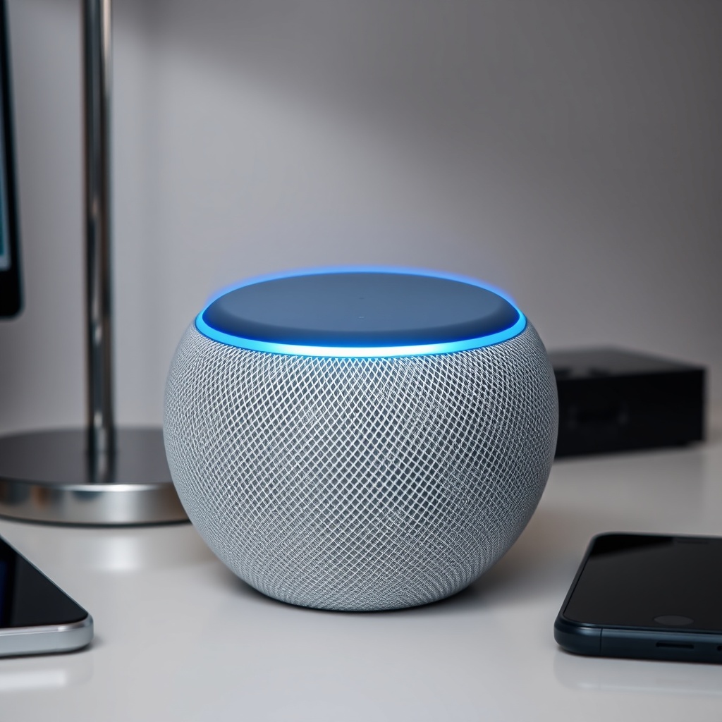 A photorealistic close-up of the top of an Echo Dot (5th Gen) with glowing blue ring
