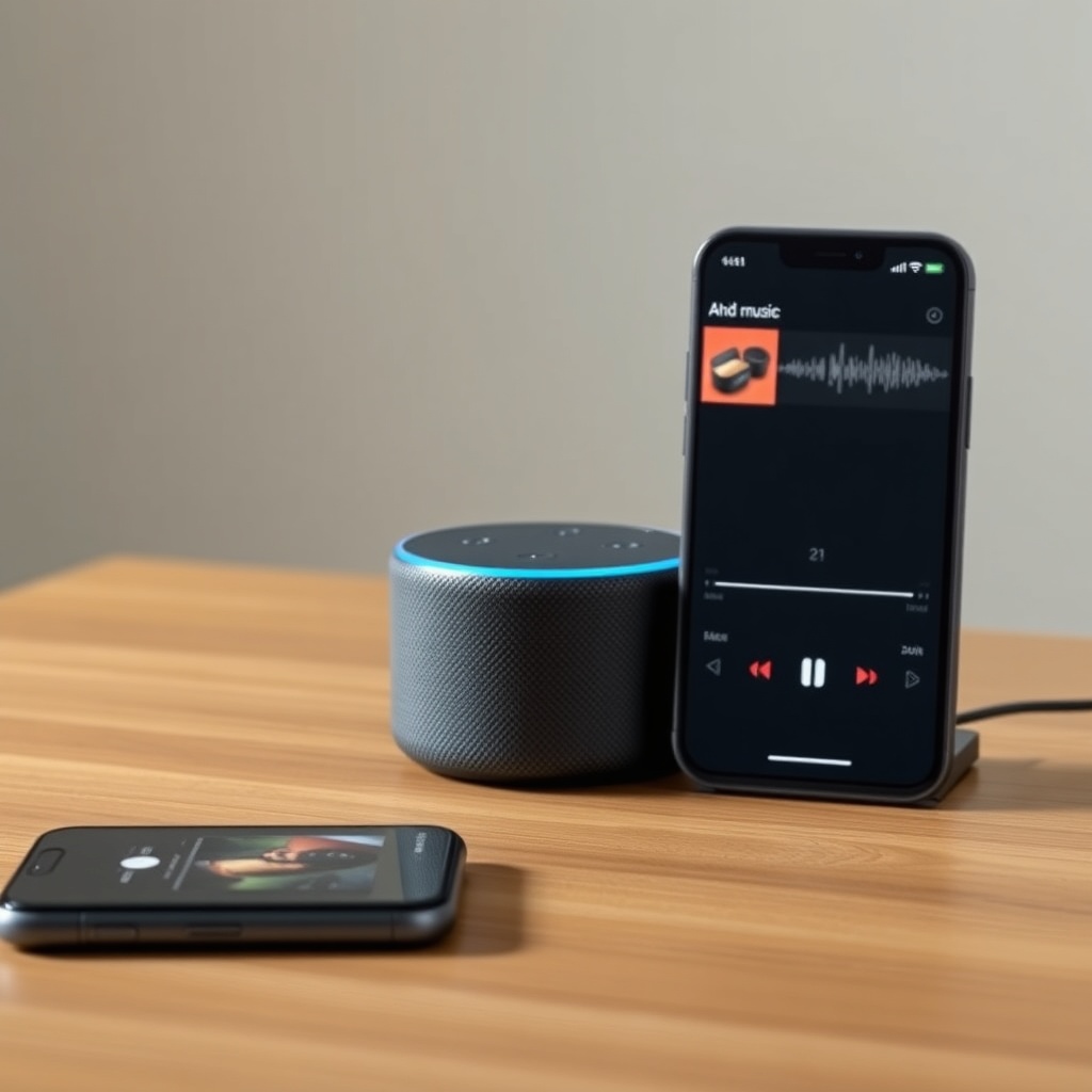 A photorealistic photo of an Amazon Echo Dot (5th Gen) sitting on a wooden table with a ph
