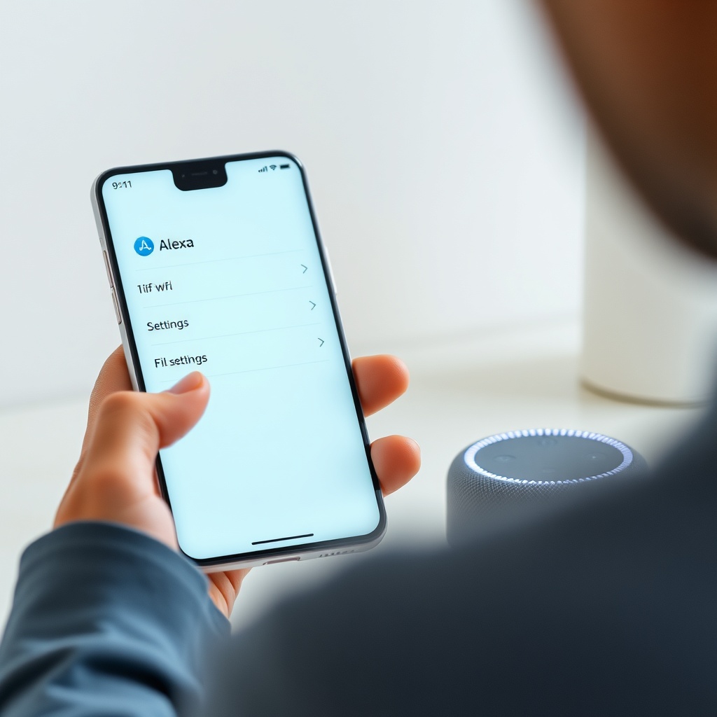 A clean photorealistic photo of a person using a smartphone showing the Alexa app with a W
