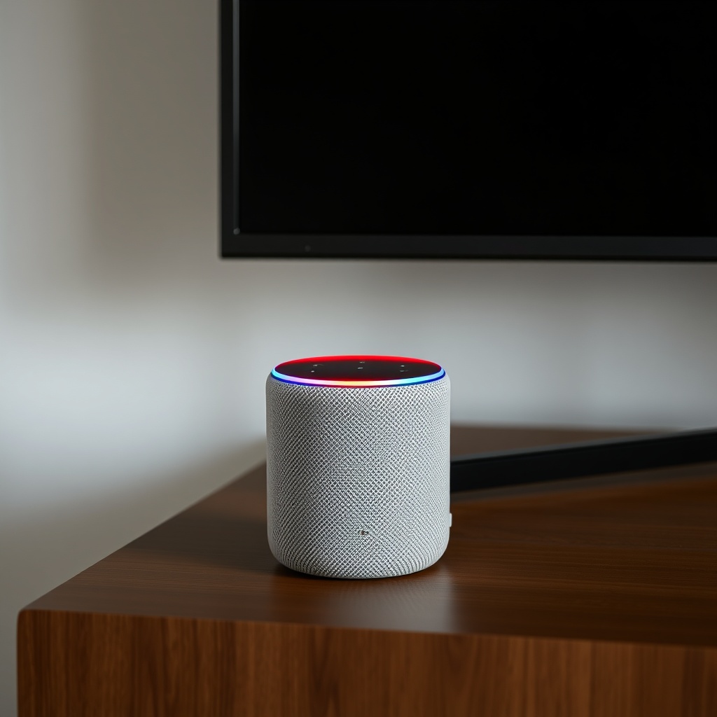 A photorealistic photo of an Amazon Echo Dot (5th Gen) sitting on a wooden TV stand next t