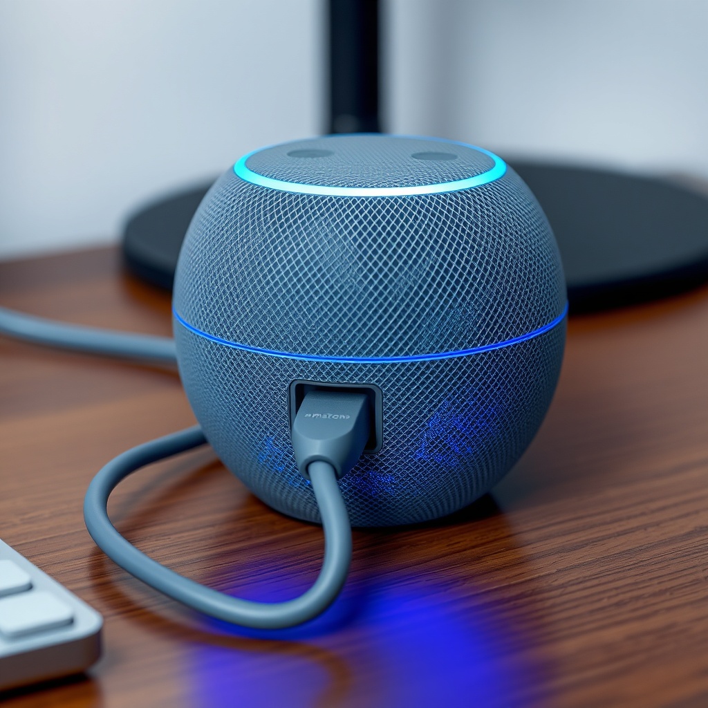 A photorealistic close-up of an Amazon Echo Dot (5th Gen) on a wooden desk