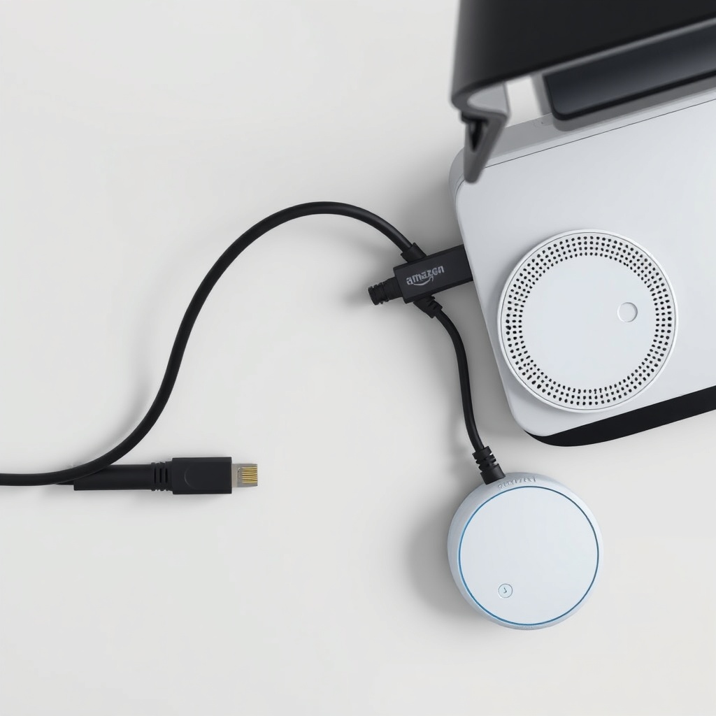 A photorealistic overhead view showing a black Ethernet cable plugged into a router and th