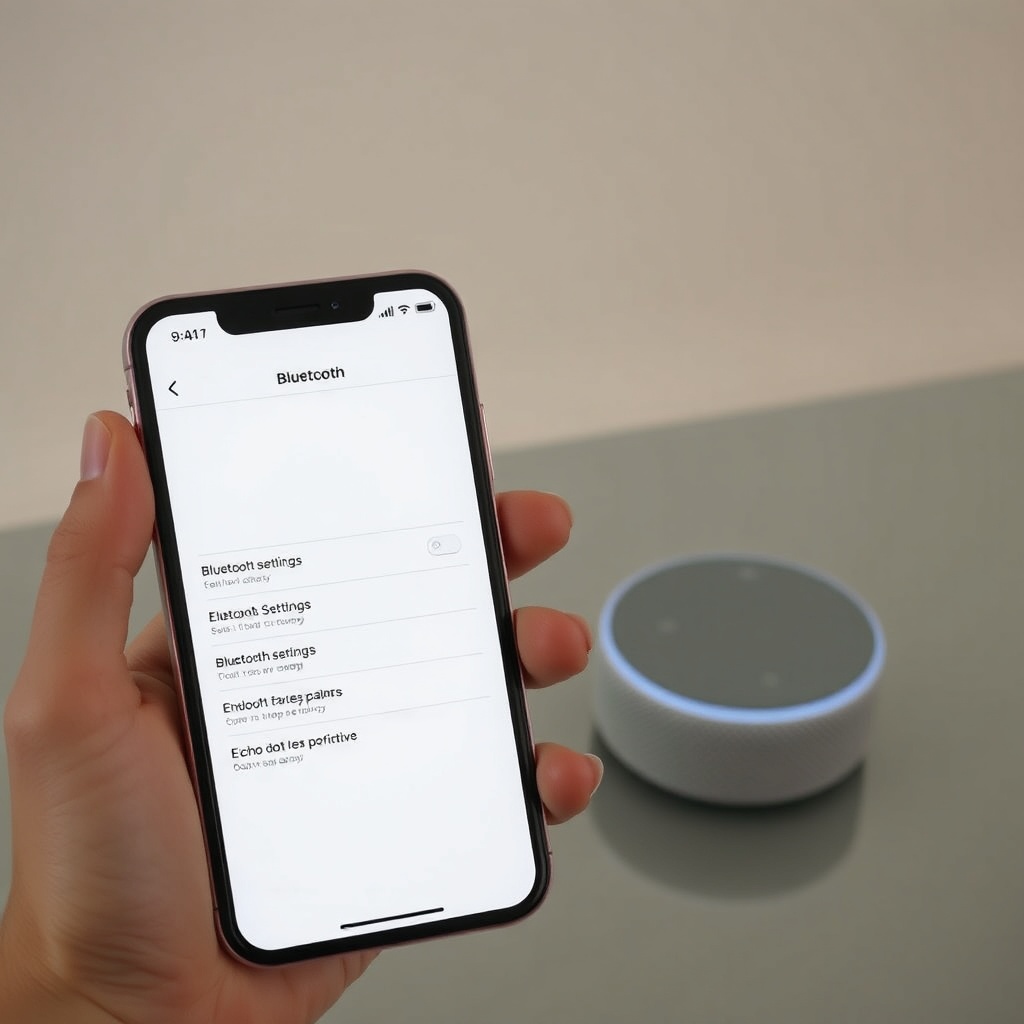 A clean photorealistic photo of an iPhone screen showing Bluetooth settings with Echo Dot